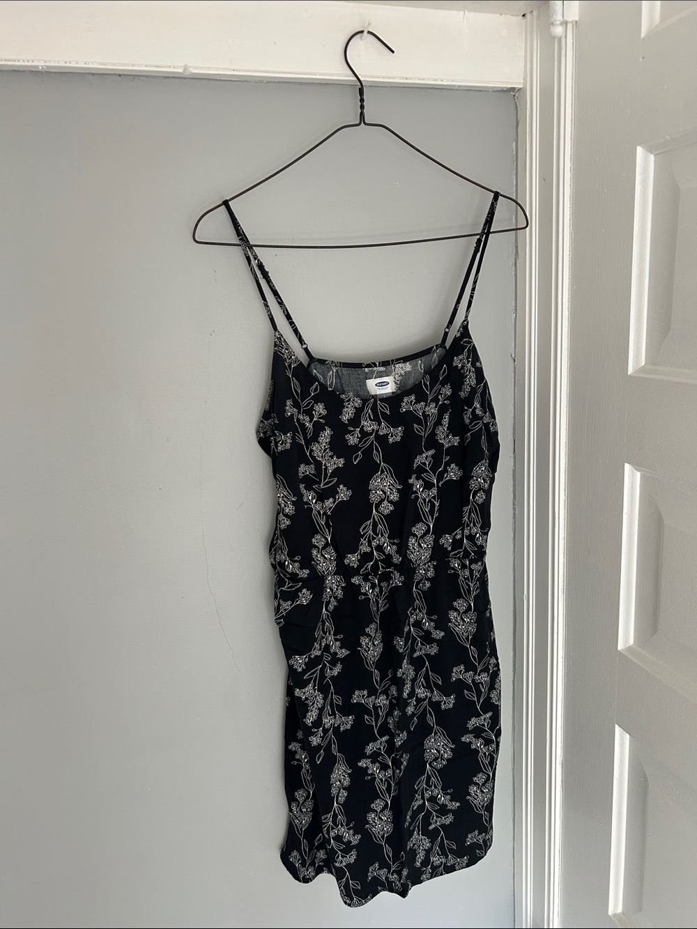 Old Navy Black Slip Dress with White Floral Vine Pattern